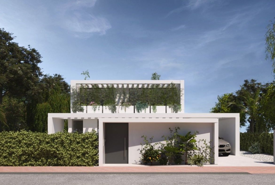 Contemporary villa front with pergola, planted upper terrace and hedged boundary