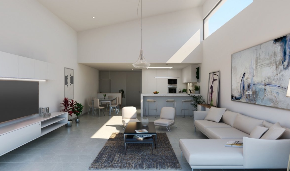 Dining area with white table, high horizontal clerestory window and kitchen breakfast bar
