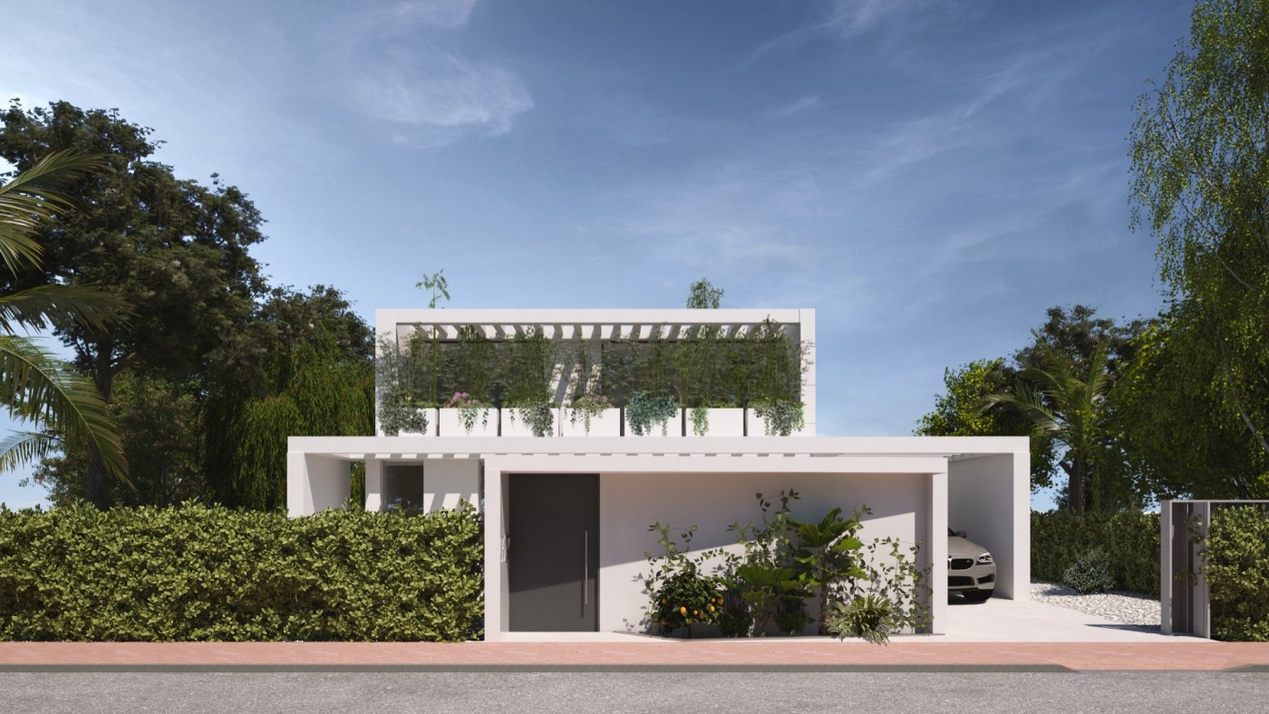 Contemporary villa front with pergola, planted upper terrace and hedged boundary