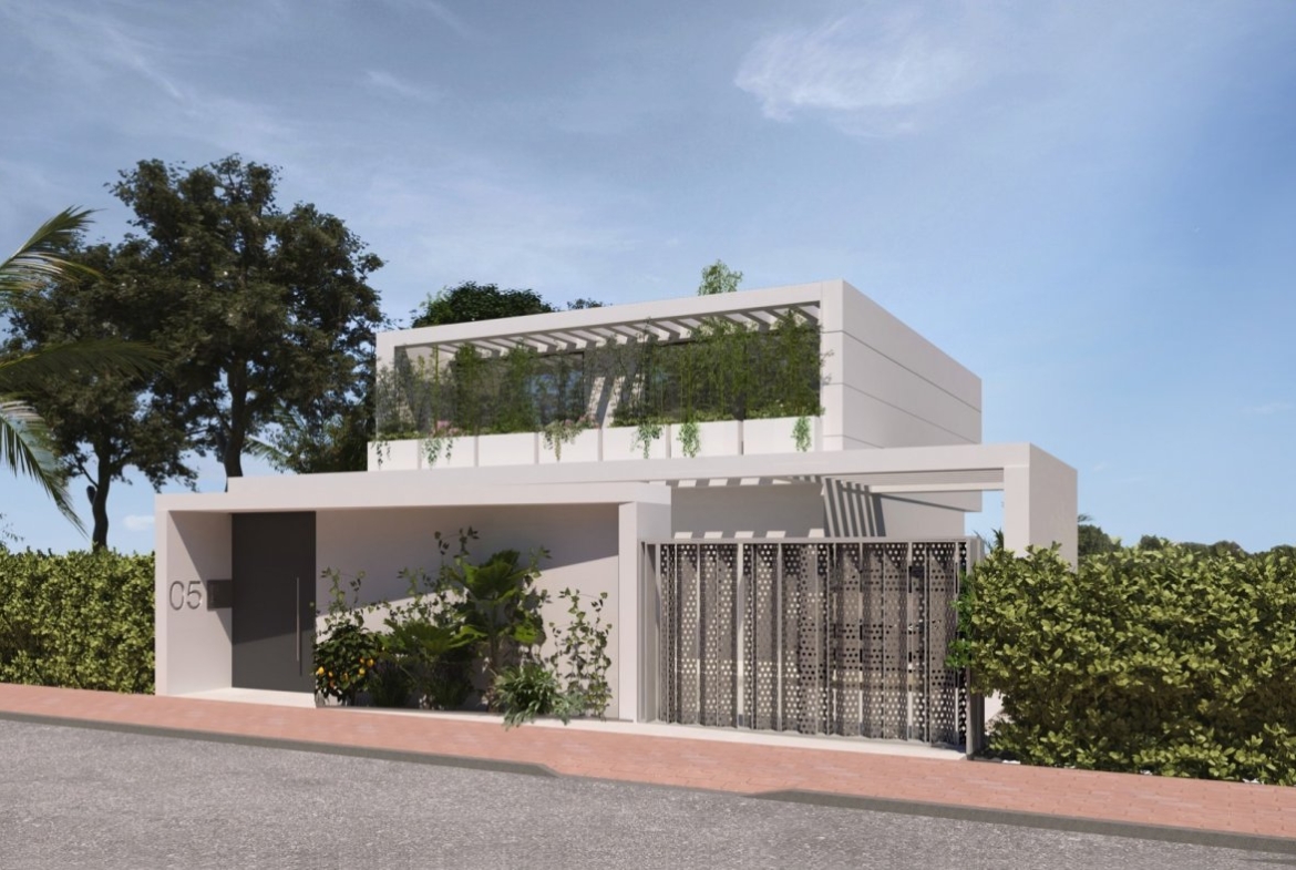Rendered view of recessed entrance with covered parking bay and vertical planting screens