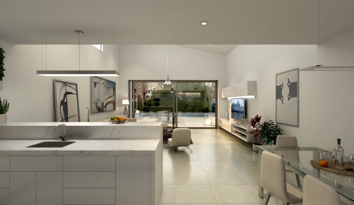 3D render of living room and kitchen with vaulted ceiling, skylight and seating area