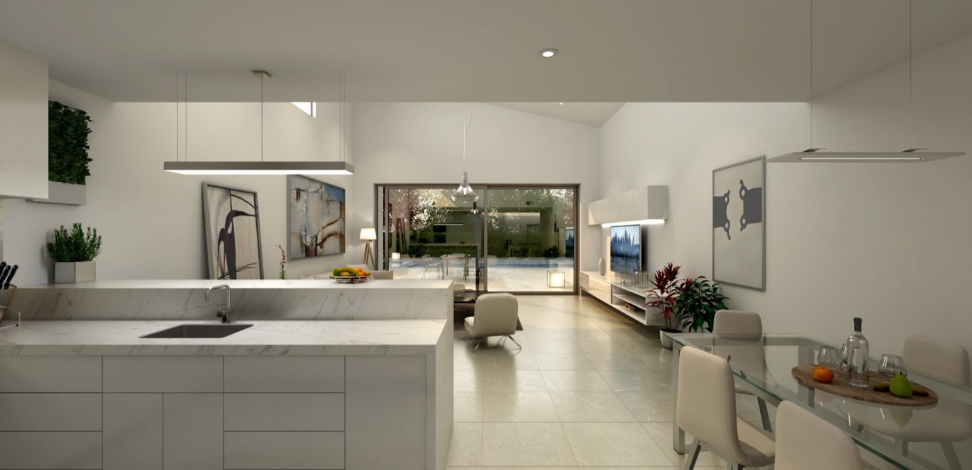 3D render of living room and kitchen with vaulted ceiling, skylight and seating area