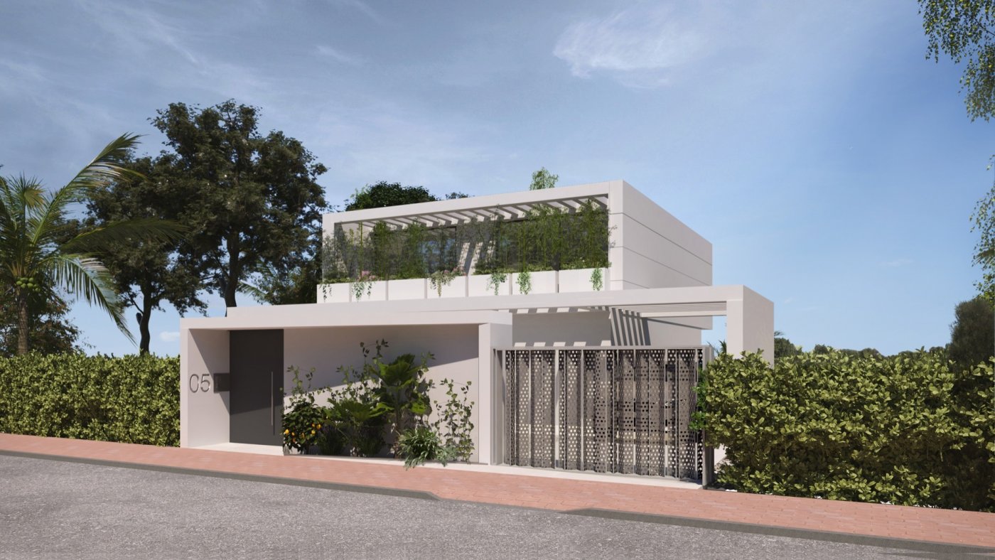 Rendered view of recessed entrance with covered parking bay and vertical planting screens