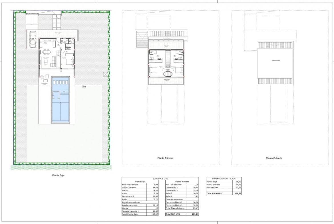 Three architectural floor plans labelled Planta Baja, Planta Primera and Planta Cubierta