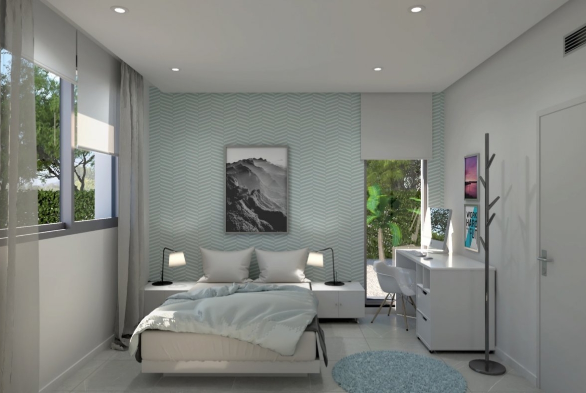 Interior render showing kitchen island, bar stools and sliding doors opening to terrace