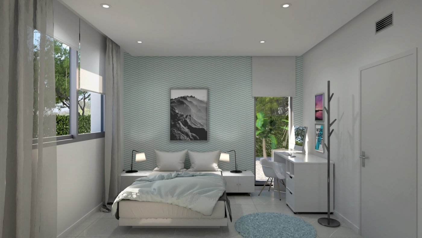 Interior render showing kitchen island, bar stools and sliding doors opening to terrace