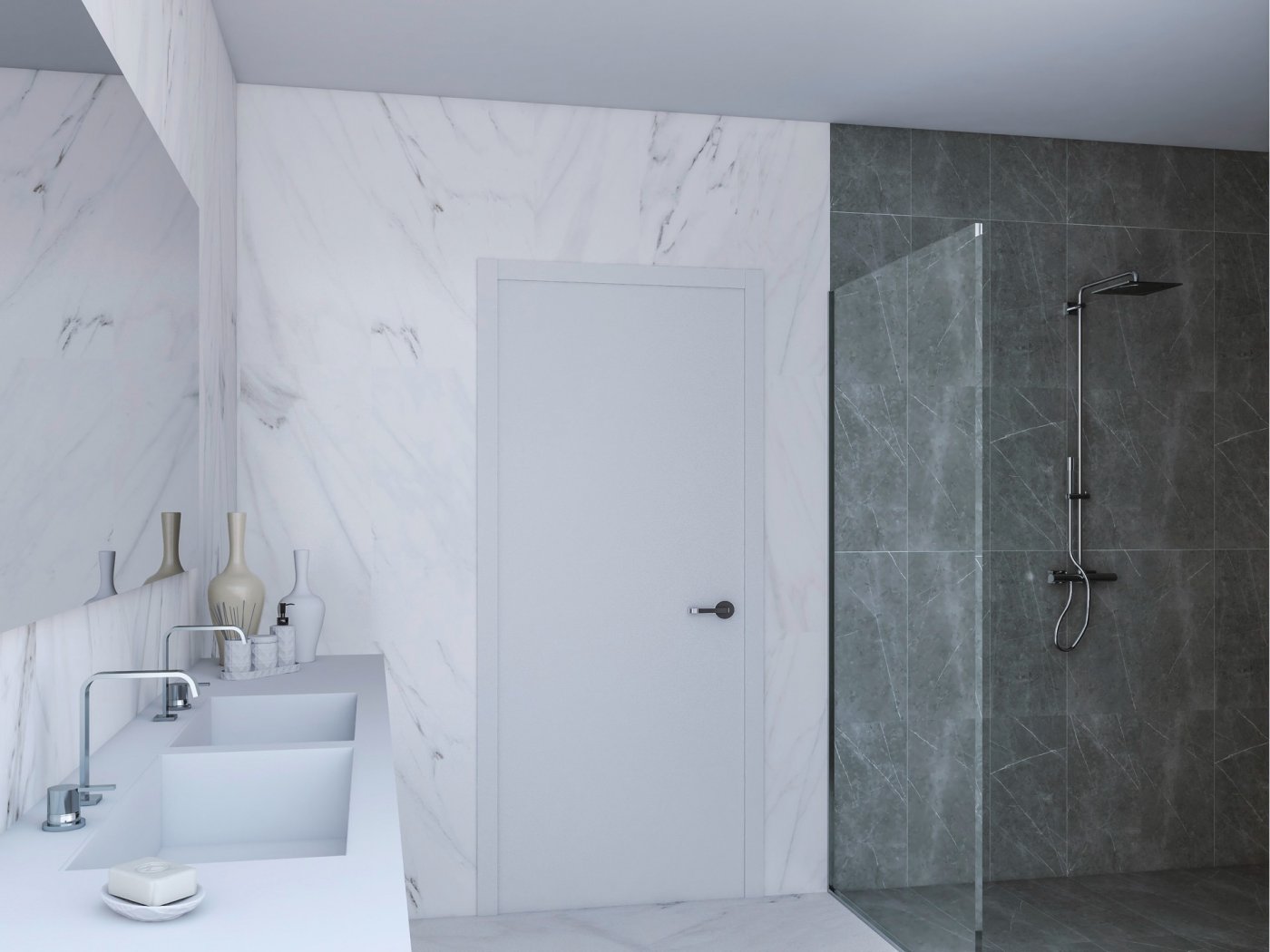 Bathroom with illuminated round mirror, floating vanity, wall-hung toilet and tiled shower