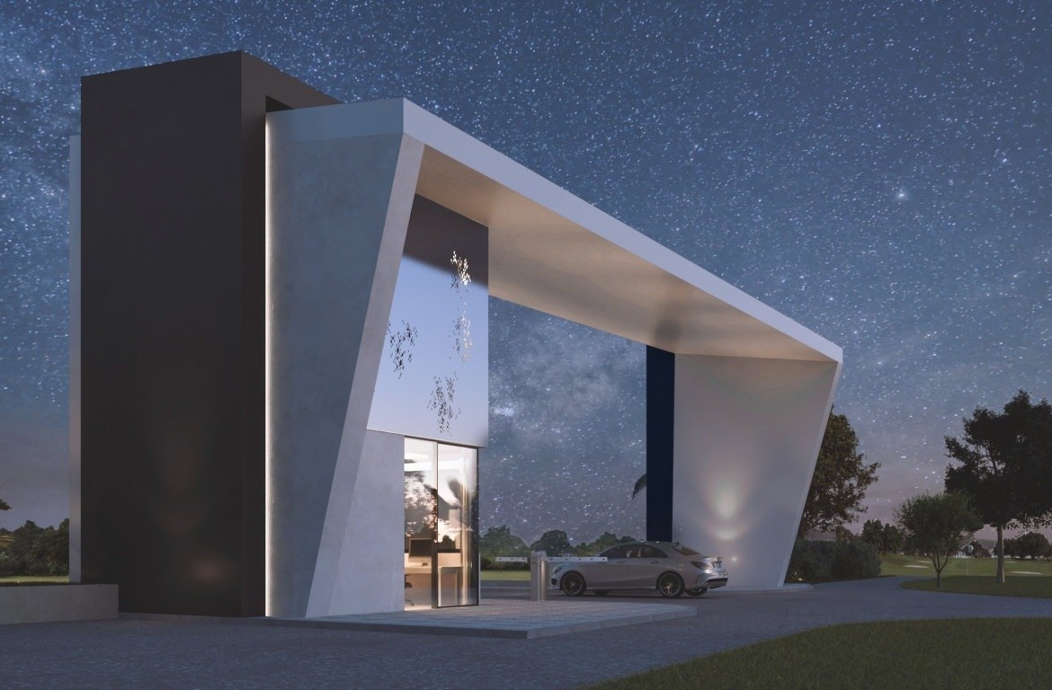 Dramatic night render of a sculptural entrance canopy with a parked car nearby