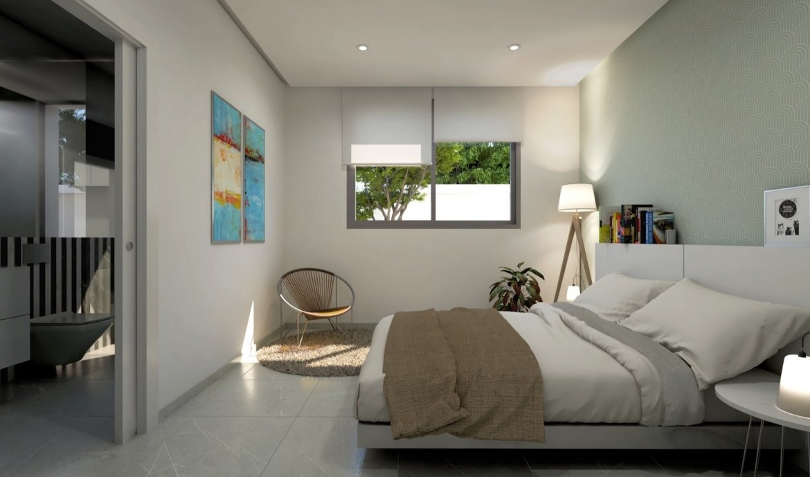 Bedroom render with patterned accent wall, double bed, desk area and small garden view