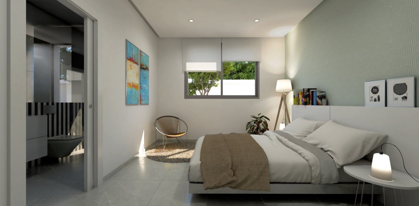 Bedroom render with patterned accent wall, double bed, desk area and small garden view