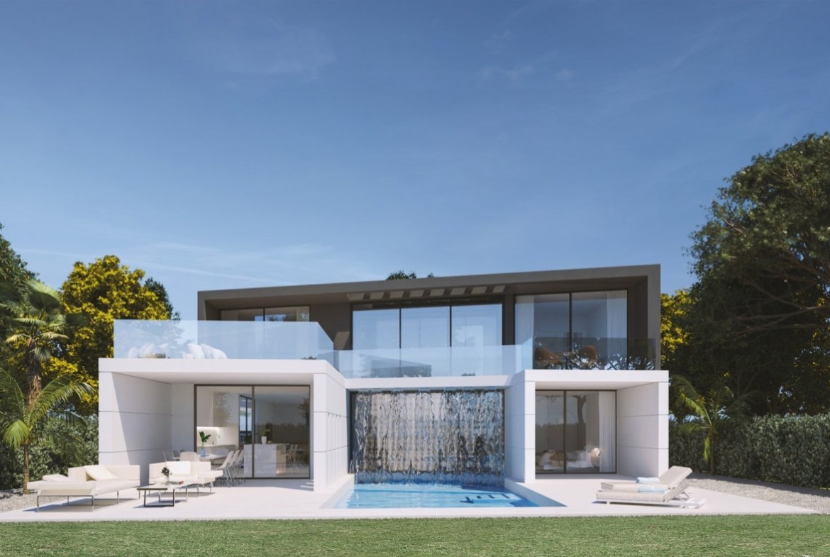 Computer-generated rear view with terraces, sun loungers and a dramatic waterfall feature into pool