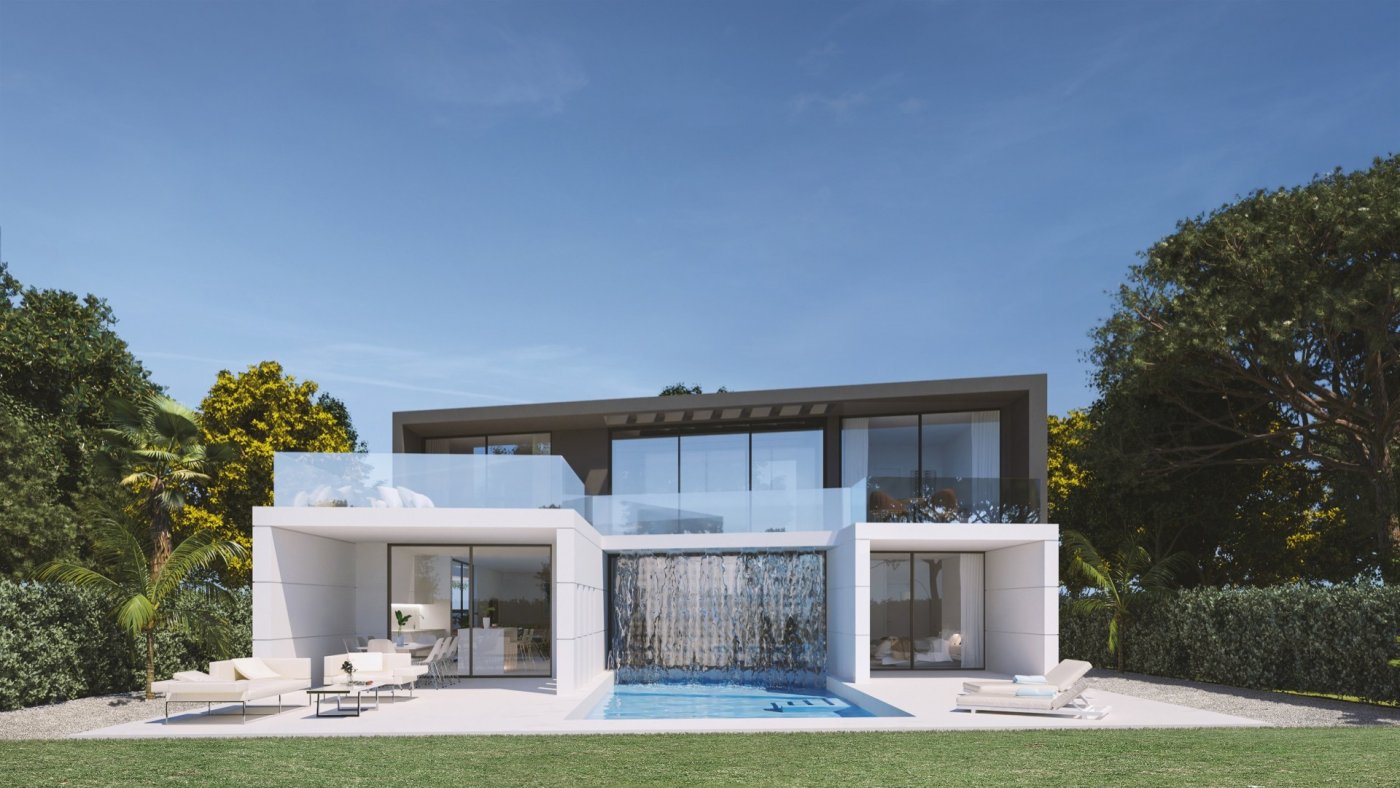 Computer-generated rear view with terraces, sun loungers and a dramatic waterfall feature into pool
