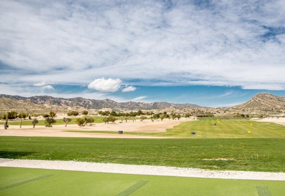 Wide driving range view across desert-style fairways towards distant mountains