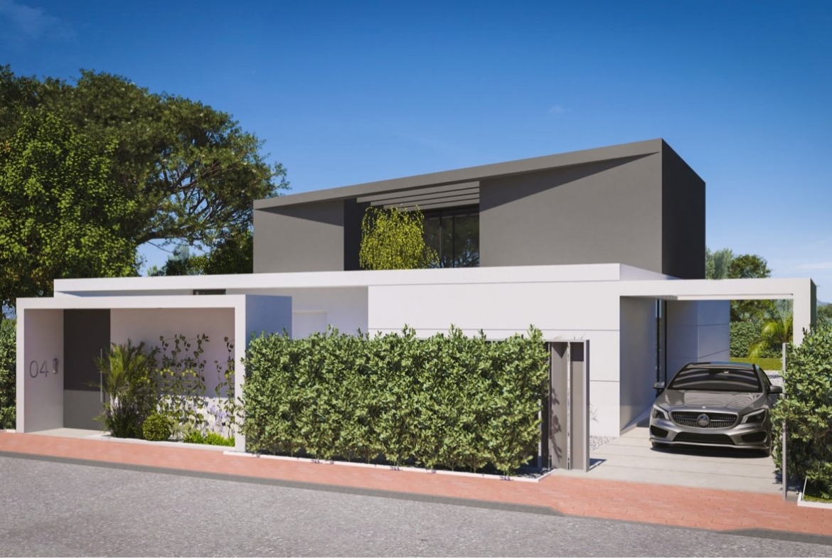 Front elevation of modern two-storey villa behind hedged fence with visible carport