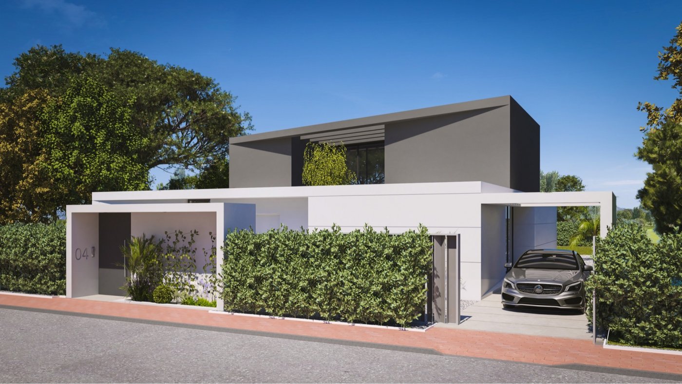 Front elevation of modern two-storey villa behind hedged fence with visible carport