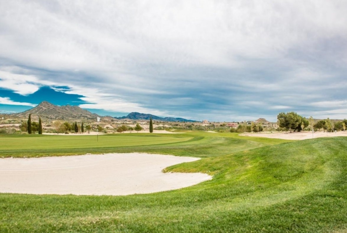 Curving golf green and sand bunker with grassy mounds under an open sky
