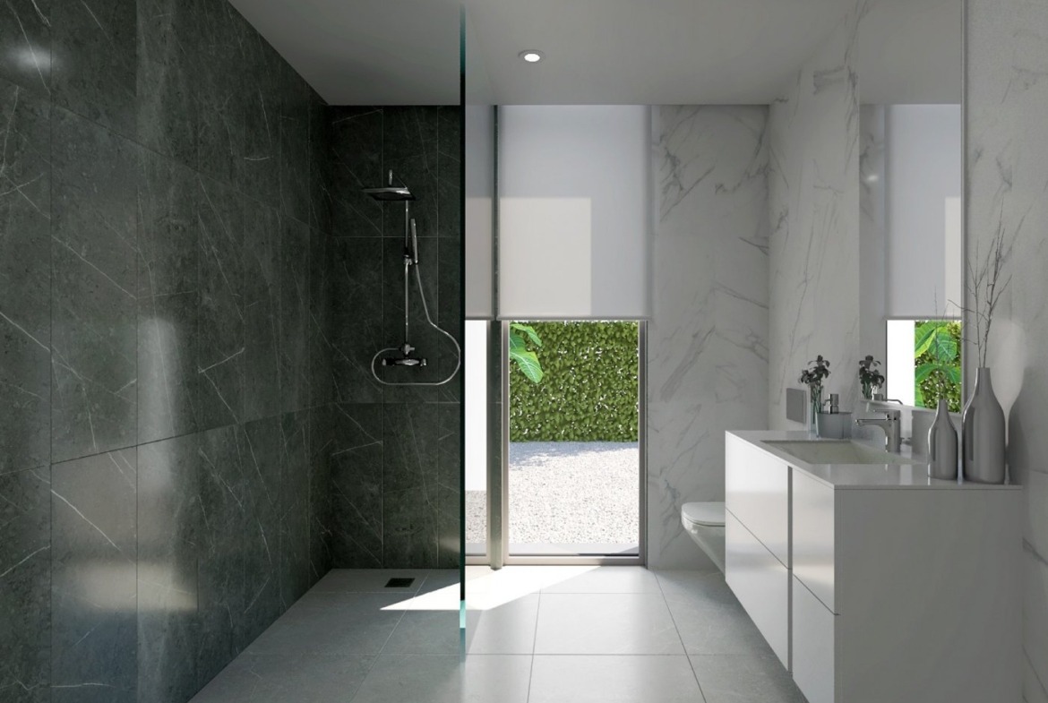 Master bedroom render with wall of wardrobes and floor-to-ceiling sliding doors to garden