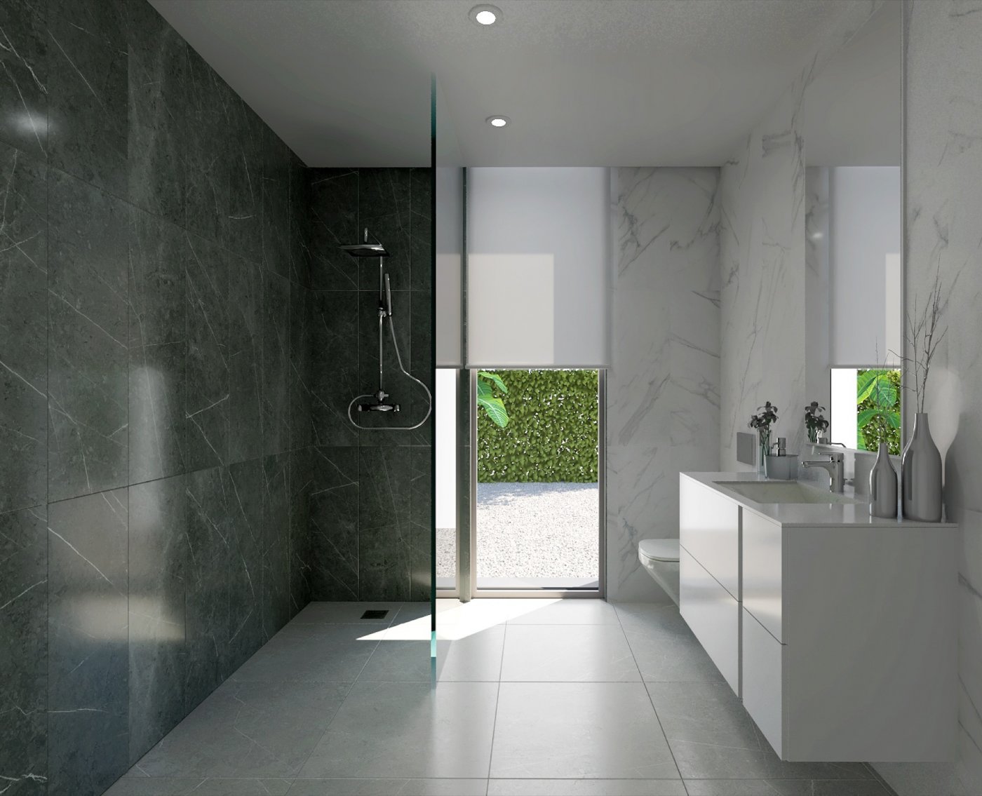 Master bedroom render with wall of wardrobes and floor-to-ceiling sliding doors to garden