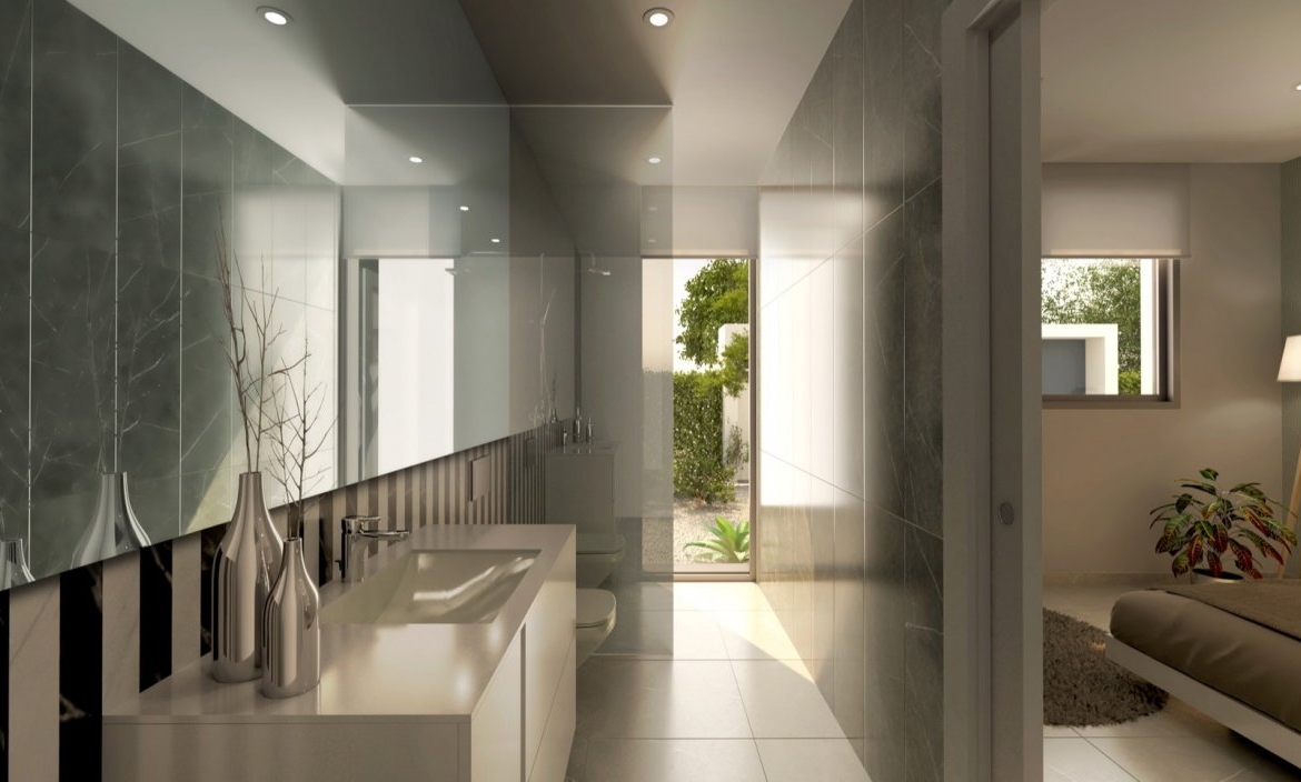 Guest bedroom render in neutral palette with bed, bedside lights and view into bathroom