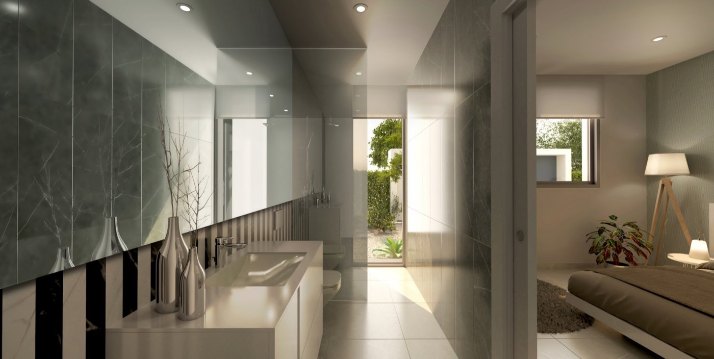 Guest bedroom render in neutral palette with bed, bedside lights and view into bathroom
