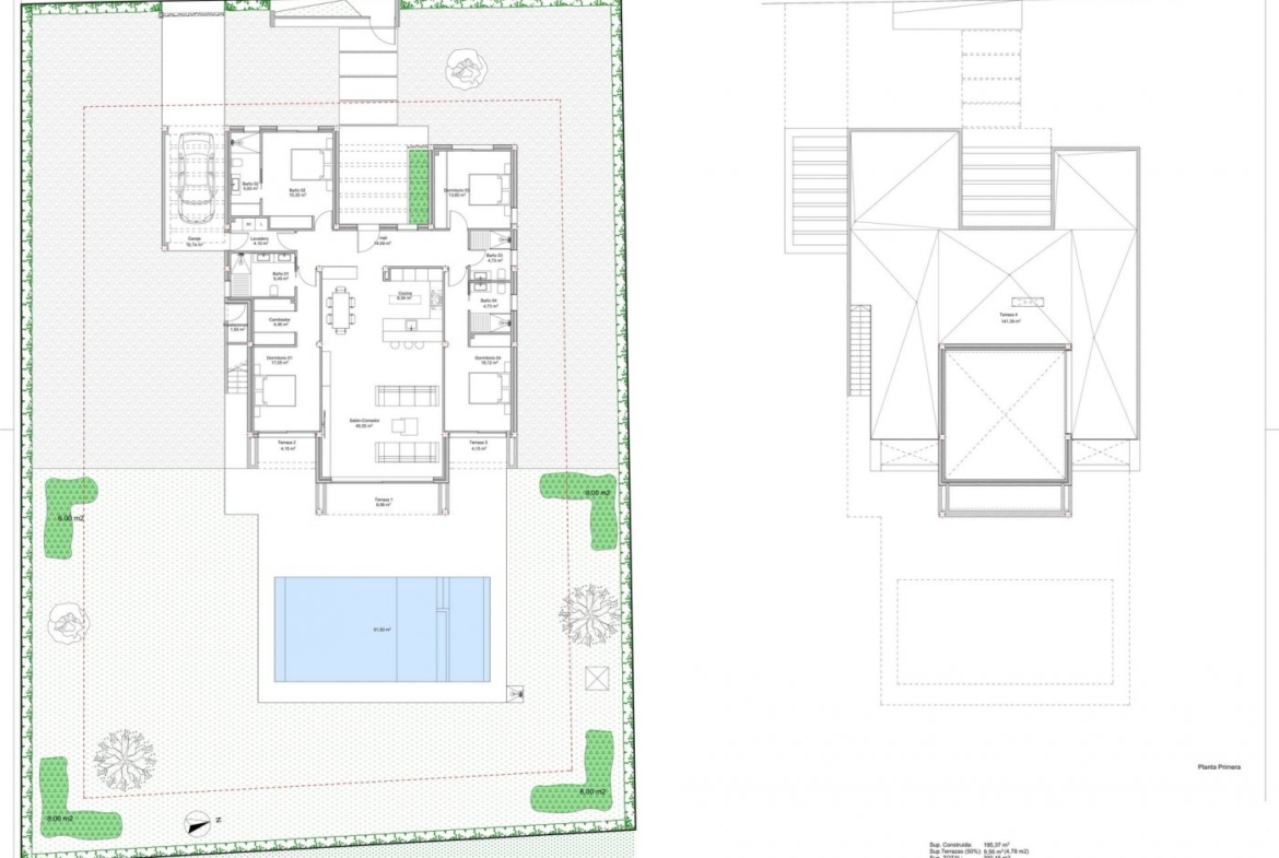 Detailed ground floor plan with central living area, bedrooms, garden and rectangular pool