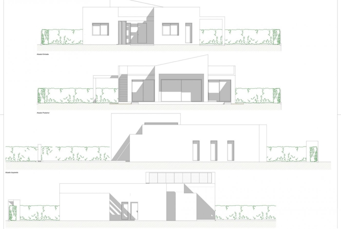 Four architectural elevation drawings showing front, rear and side facades of the villa