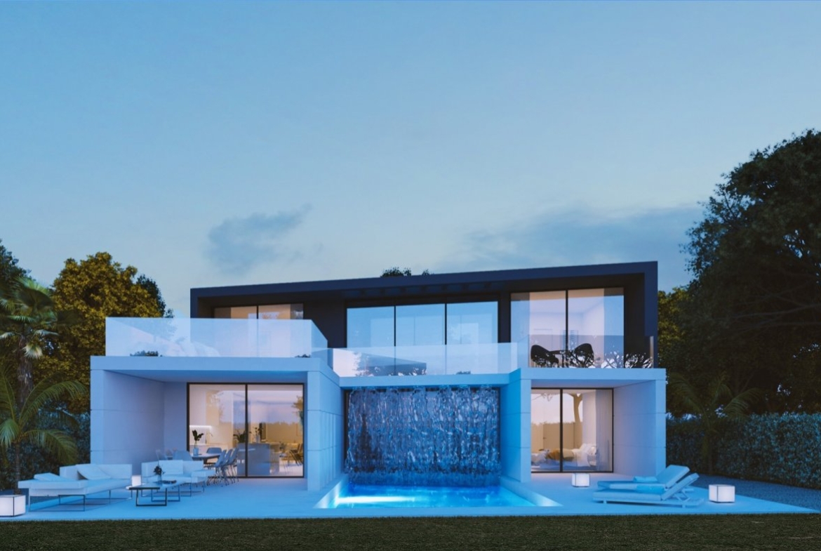 Front-facing villa with central water curtain falling into a rectangular pool