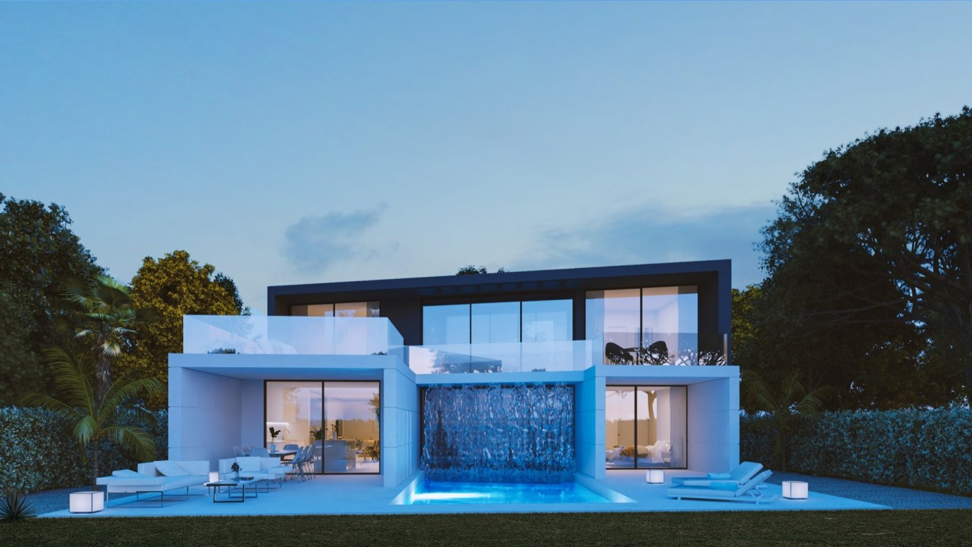 Front-facing villa with central water curtain falling into a rectangular pool