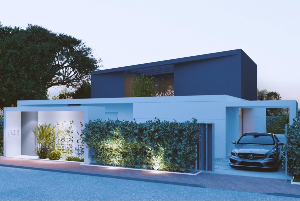 Side entrance view with hedged privacy screen and car parked in driveway
