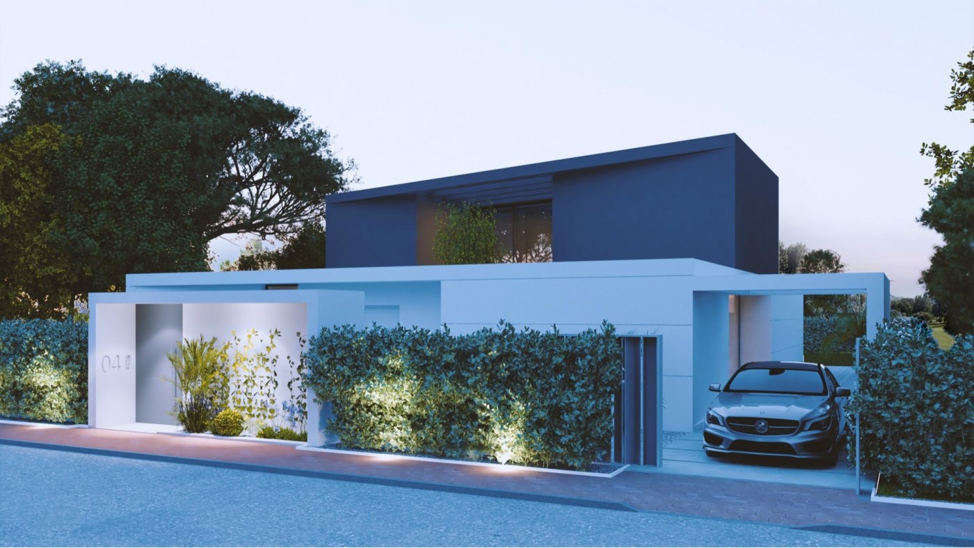 Side entrance view with hedged privacy screen and car parked in driveway