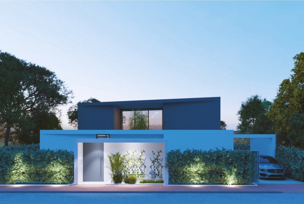 Front entrance framed by low hedges, lit pathway and visible carport entry