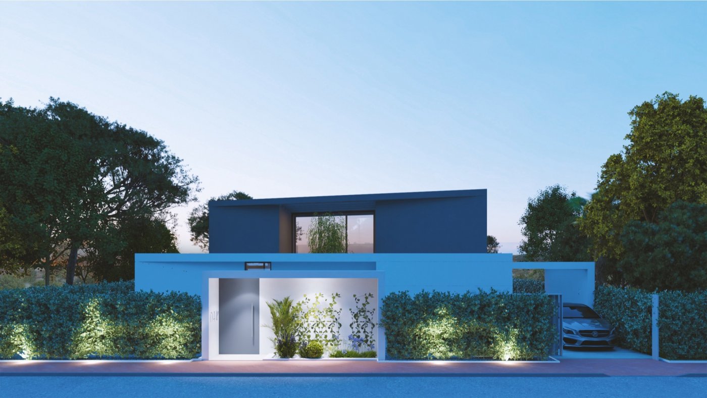 Front entrance framed by low hedges, lit pathway and visible carport entry