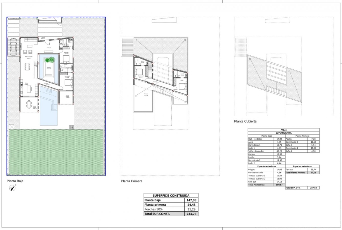 Technical drawing showing ground floor, first floor and roof plan with room labels