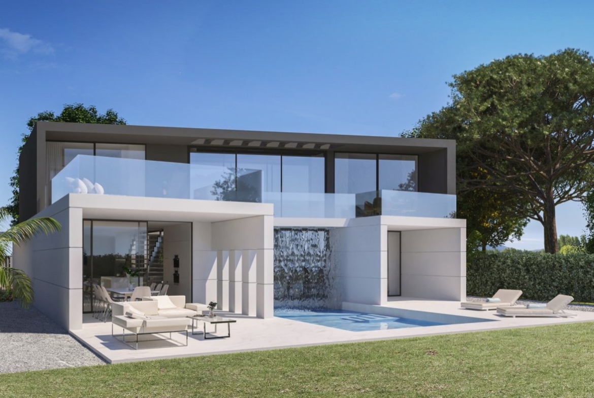 Render of villa backyard with inset pool, glass balcony and tiled sun terrace with loungers