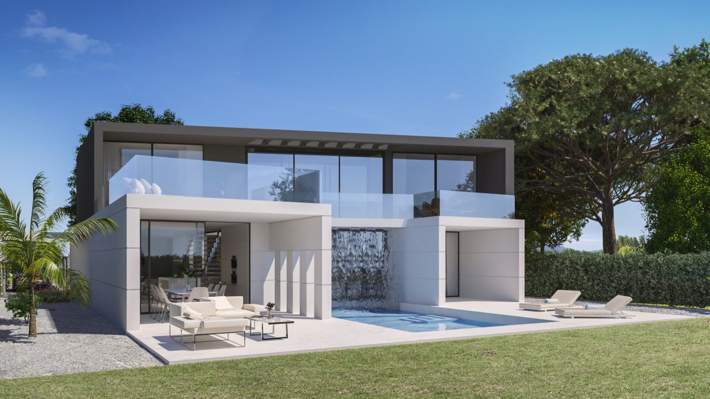 Render of villa backyard with inset pool, glass balcony and tiled sun terrace with loungers