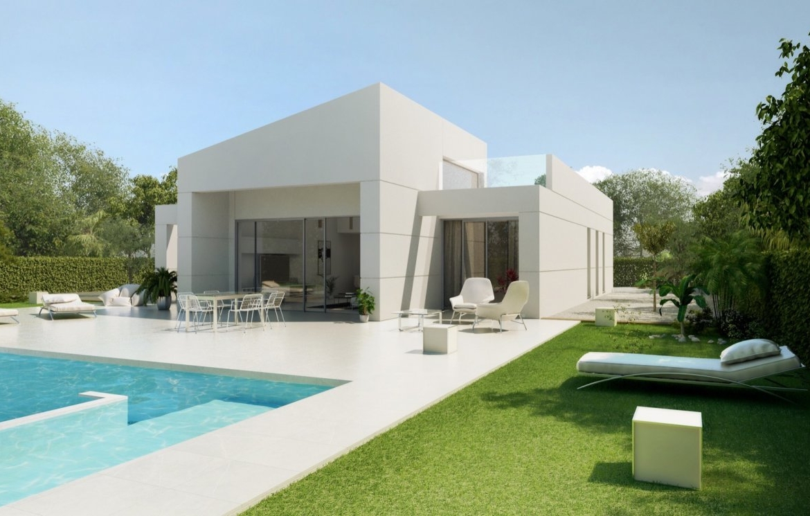 Stepped concrete path across manicured lawn leading directly to the villa entrance