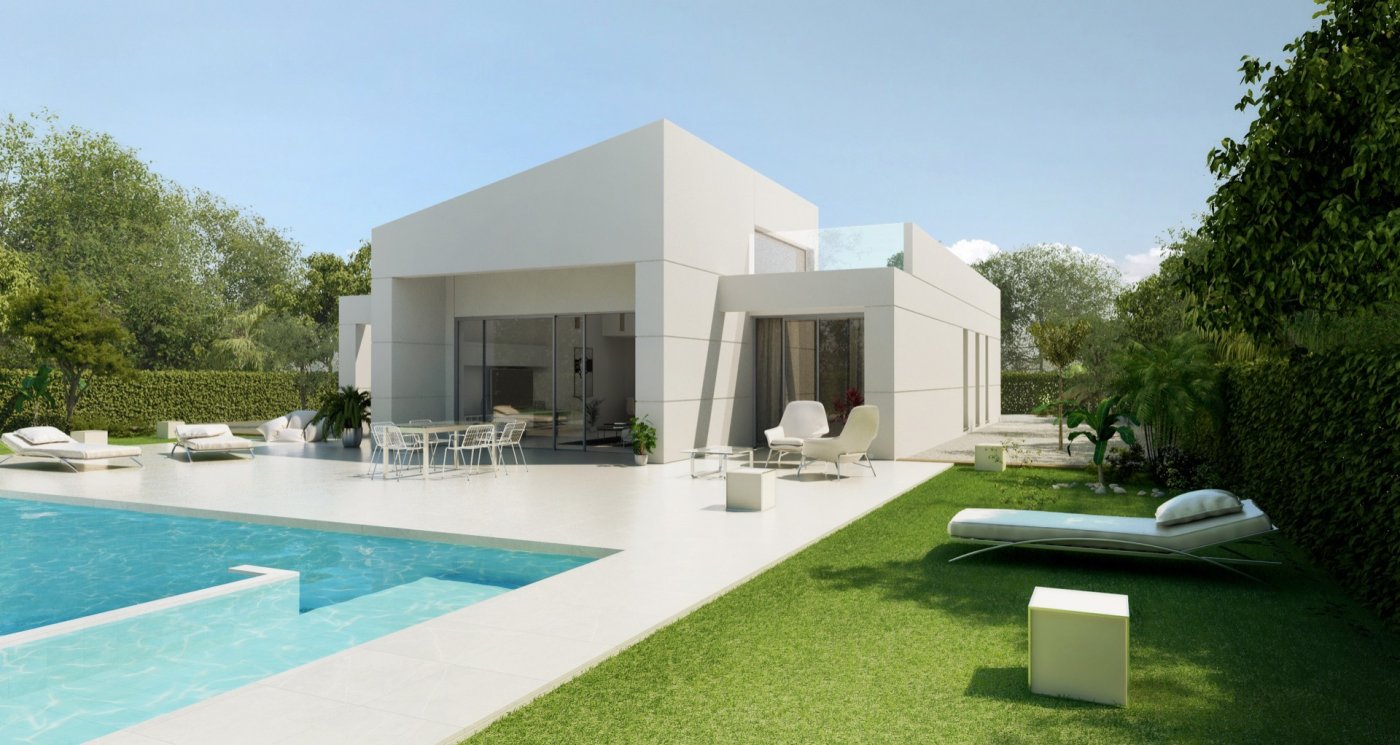 Stepped concrete path across manicured lawn leading directly to the villa entrance