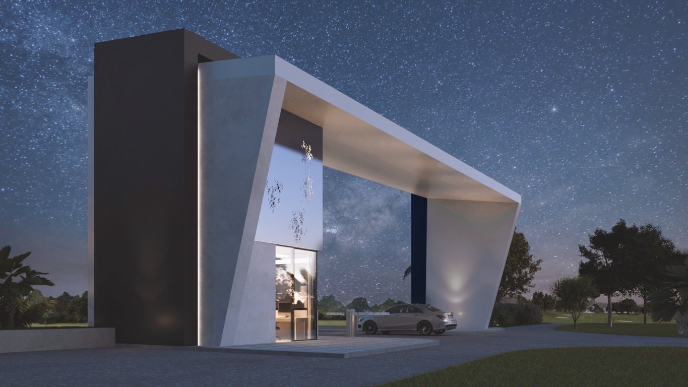 Tall sculptural porte-cochere with car parked underneath beneath starry sky