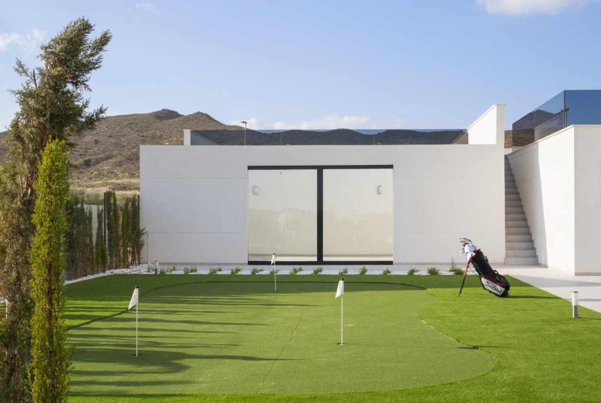 Daytime render showing rear terrace, pool, sunloungers and adjacent manicured lawn