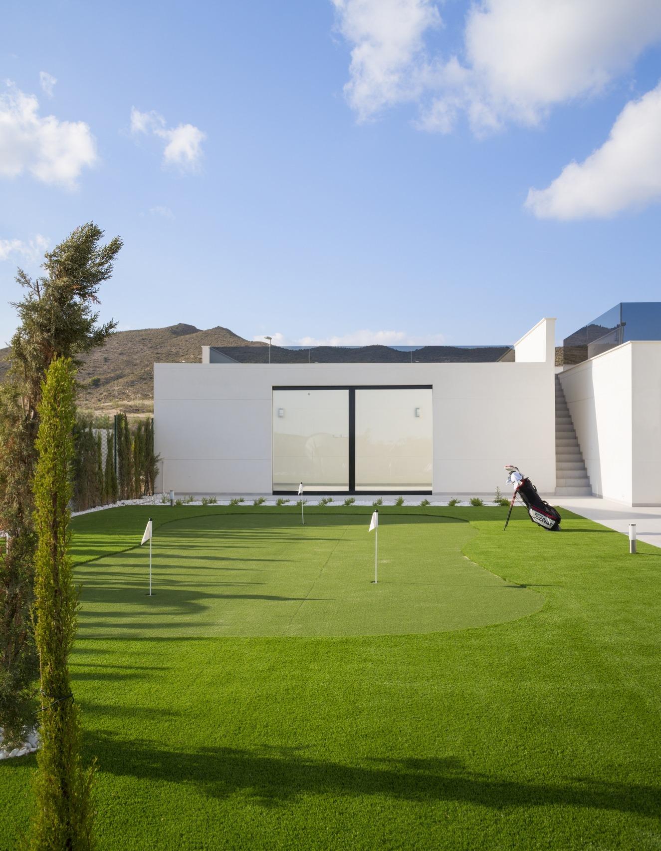 Daytime render showing rear terrace, pool, sunloungers and adjacent manicured lawn