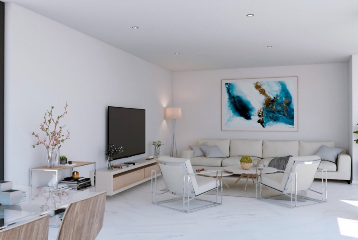 Interior render of a living room with sofa, TV unit and abstract artwork above the couch
