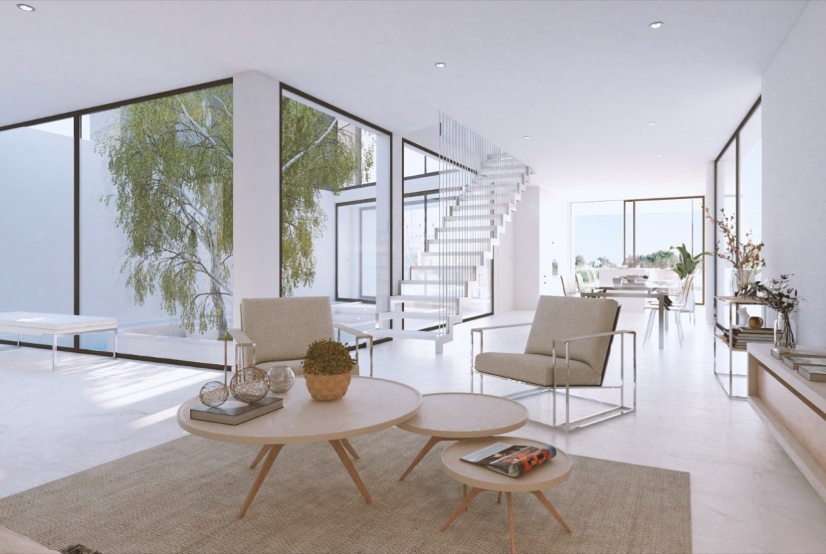 Open-plan interior render with lounge seating, large glass walls and a floating staircase to first floor
