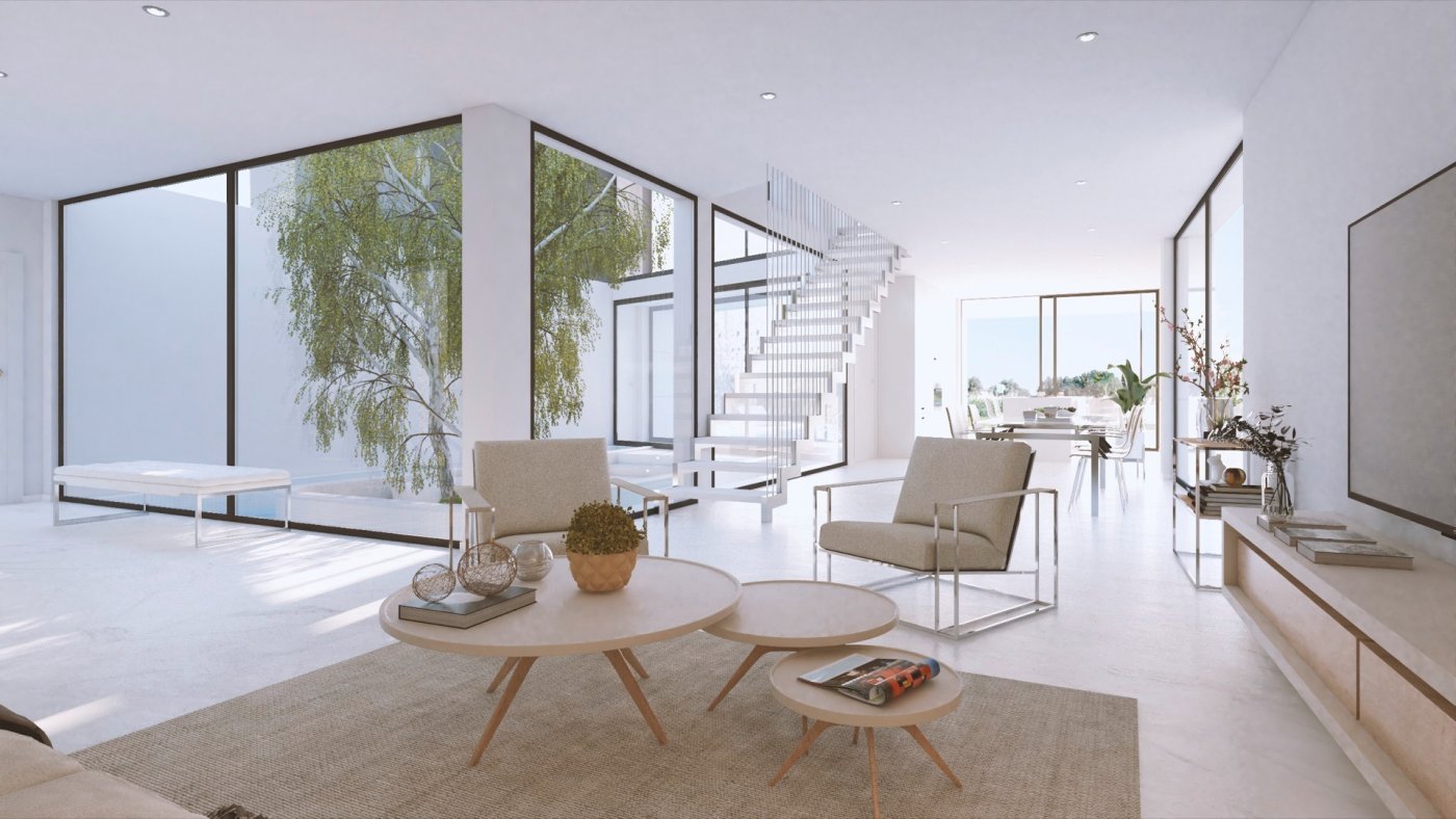 Open-plan interior render with lounge seating, large glass walls and a floating staircase to first floor