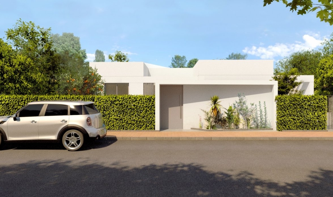 Rendered view of villa entrance flanked by gravel planting and a shaded porch area