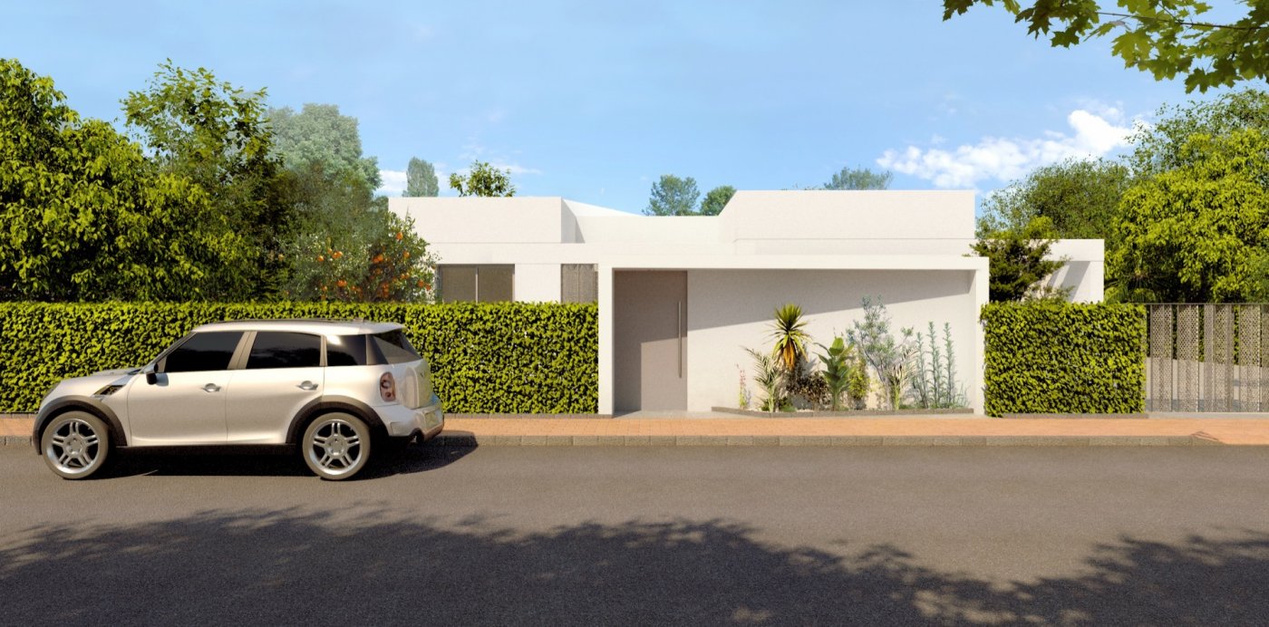 Rendered view of villa entrance flanked by gravel planting and a shaded porch area