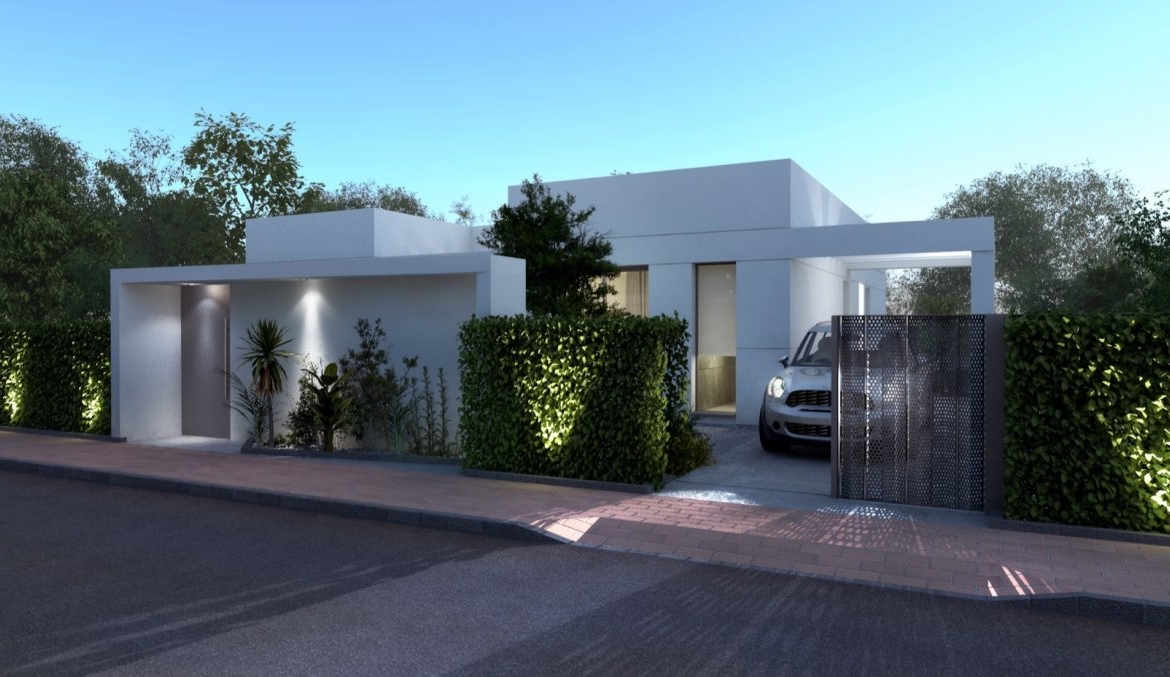 Street-level render showing villa frontage behind a hedged boundary and parked car