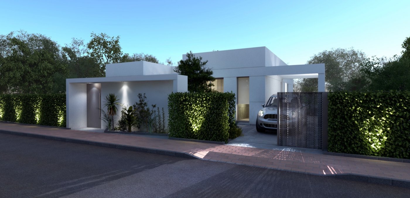 Street-level render showing villa frontage behind a hedged boundary and parked car