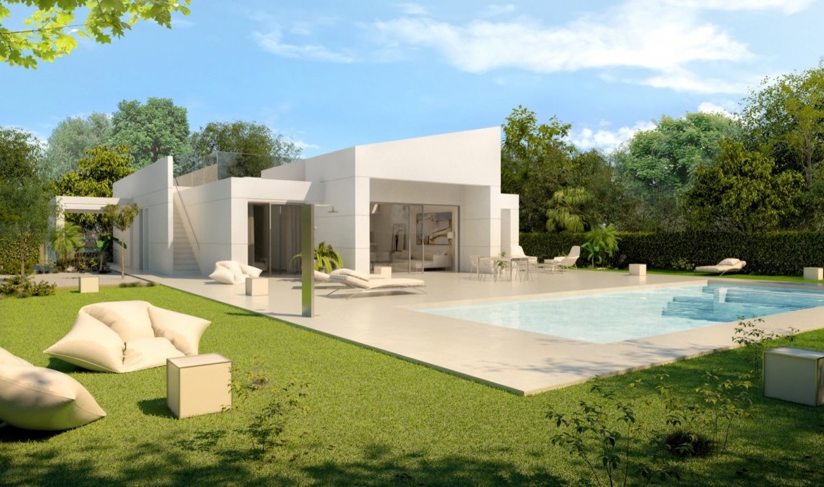 Twilight render of gated villa entrance with illuminated hedges and visible carport