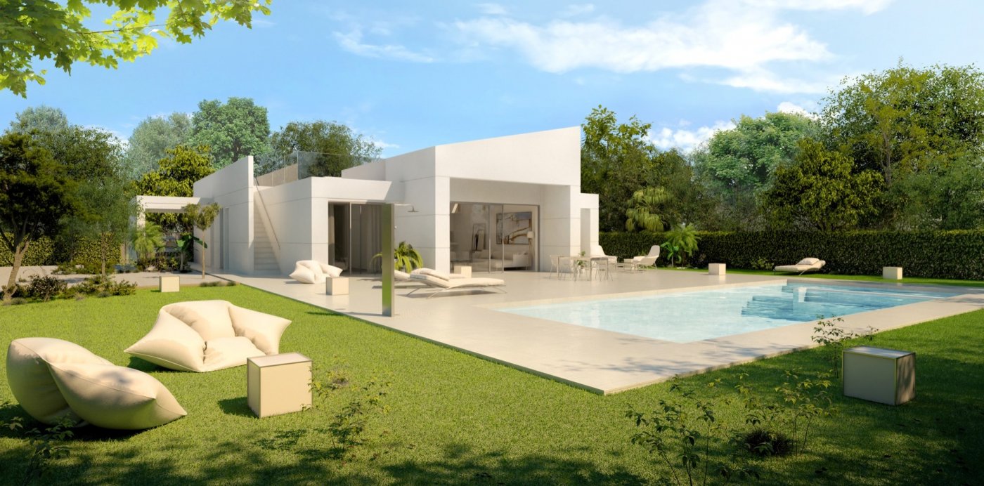 Twilight render of gated villa entrance with illuminated hedges and visible carport
