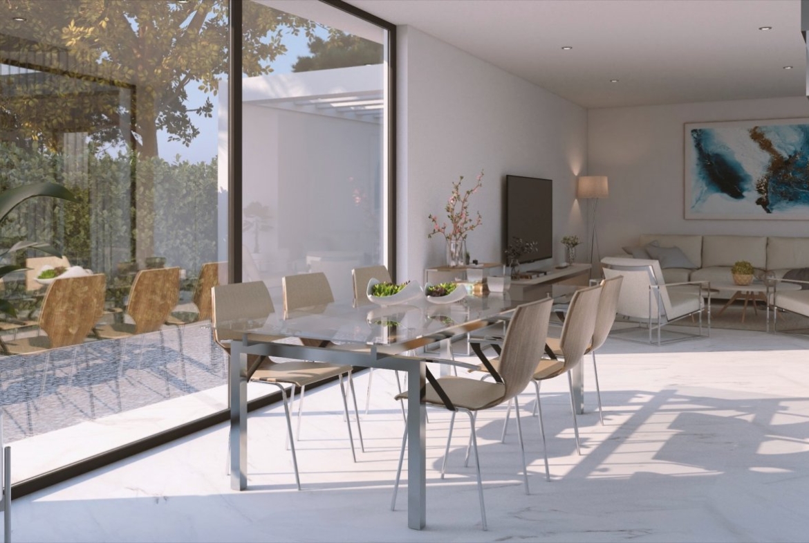 Dining area render with long glass table, floor-to-ceiling windows and external garden vista